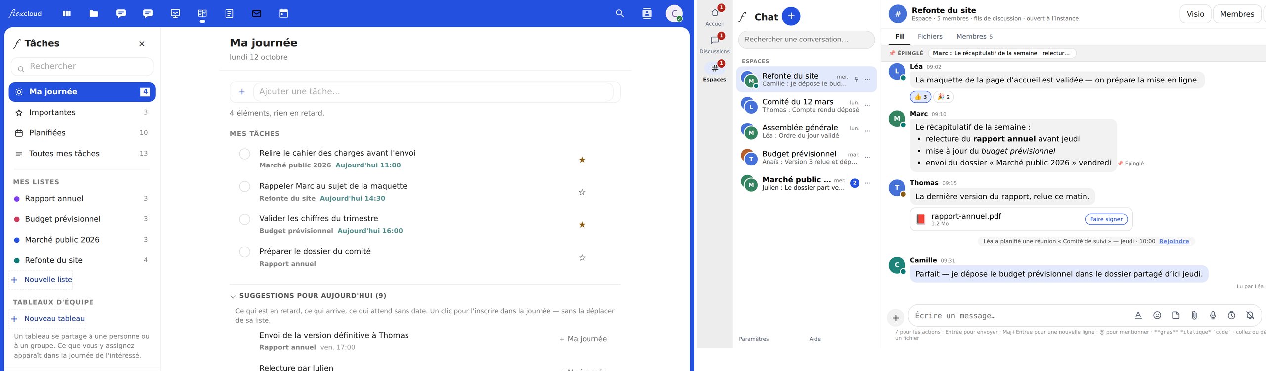 Flexcloud Tâches et Flexcloud Chat, côte à côte, deux applications de la suite