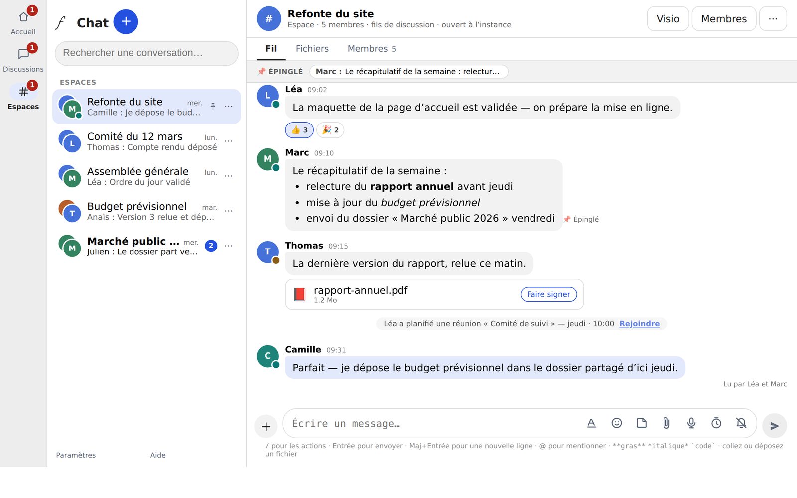 Un espace d'équipe dans Flexcloud Chat