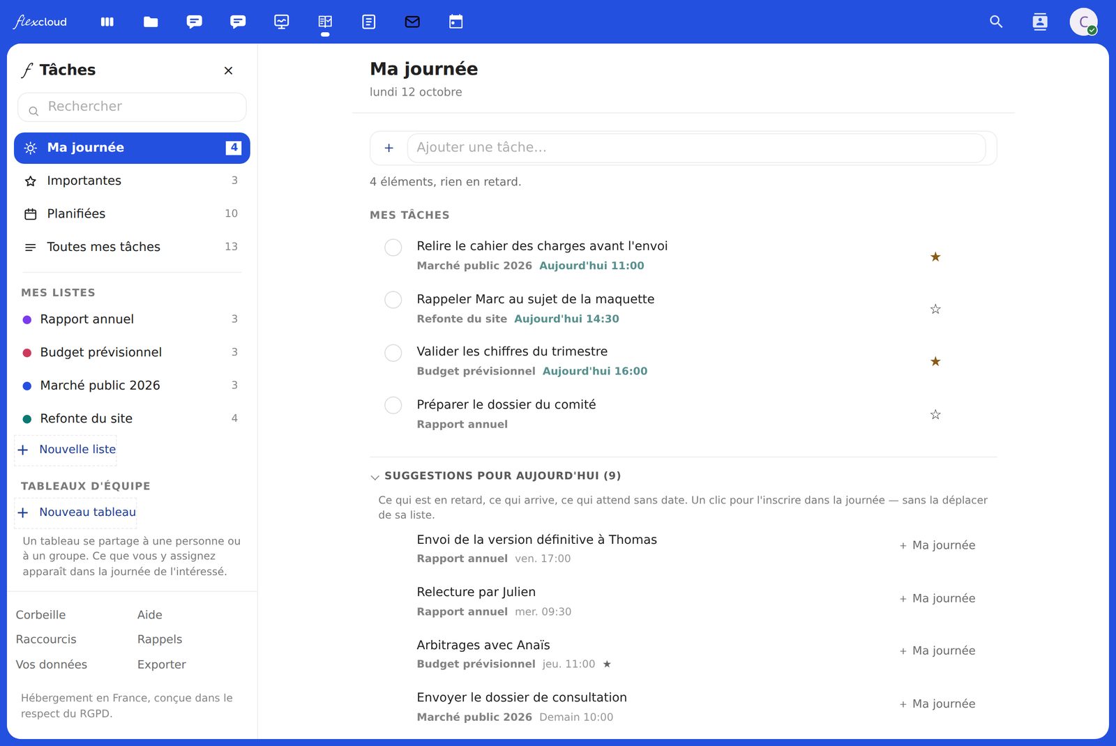 L'écran « Ma journée » de Flexcloud Tâches