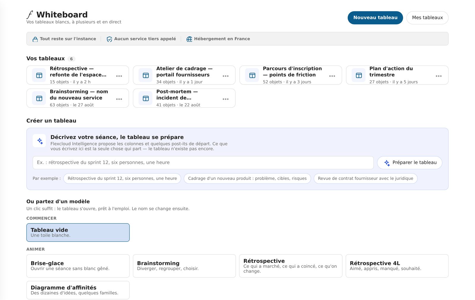 L'accueil de Flexcloud Whiteboard